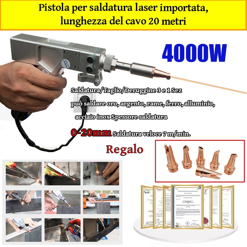 4000 W Multifunktions-Laserlampe (Schweißen von Gold/Silber/Kupfer/Eisen/Aluminium/Edelstahl), Schweißdicke 0 – 20 mm (Schweißen/Schneiden/Steinentfernung 3 in 1).
