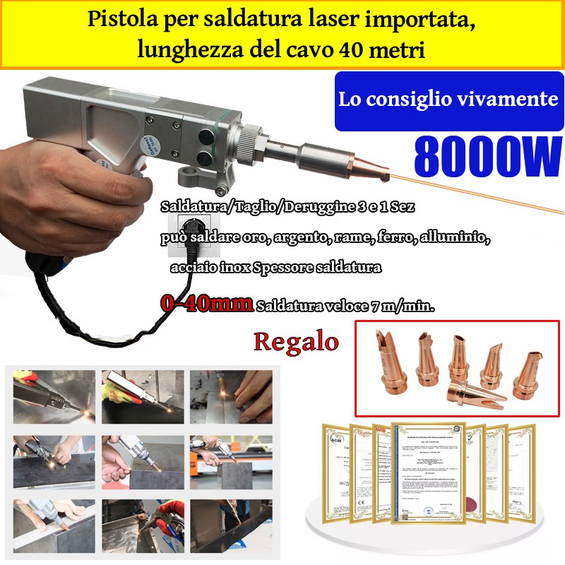 8000 W Multifunktions-Laserpistole (Schweißen von Gold/Silber/Kupfer/Eisen/Aluminium/Edelstahl), Schweißdicke 0 – 40 mm (Schweißen/Schneiden/Steinentfernung 3 in 1)